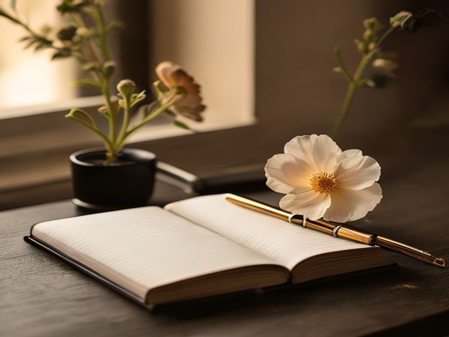 Åpen journal med håndskrift, kaffe og blomst på skrivebordet